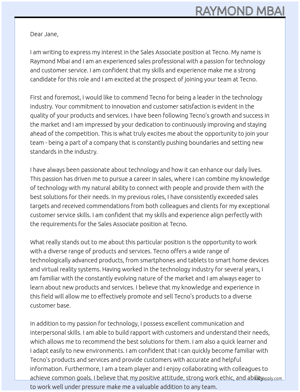 Sales Associate  At Tecno Cover Letter