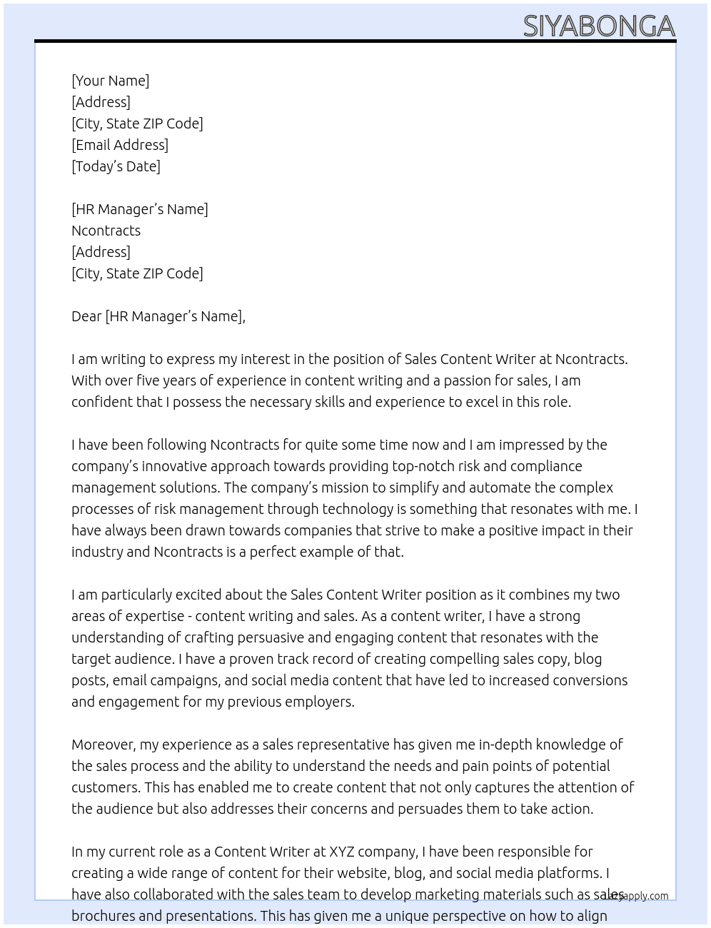 Sales Content Writer At Ncontracts Cover Letter