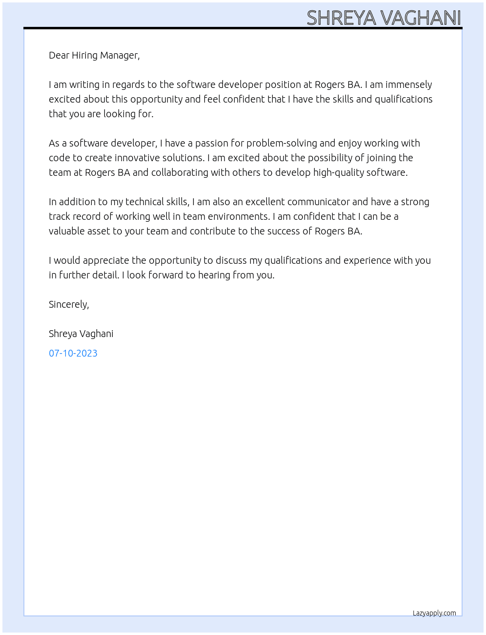 Software developer At rogers BA Cover Letter