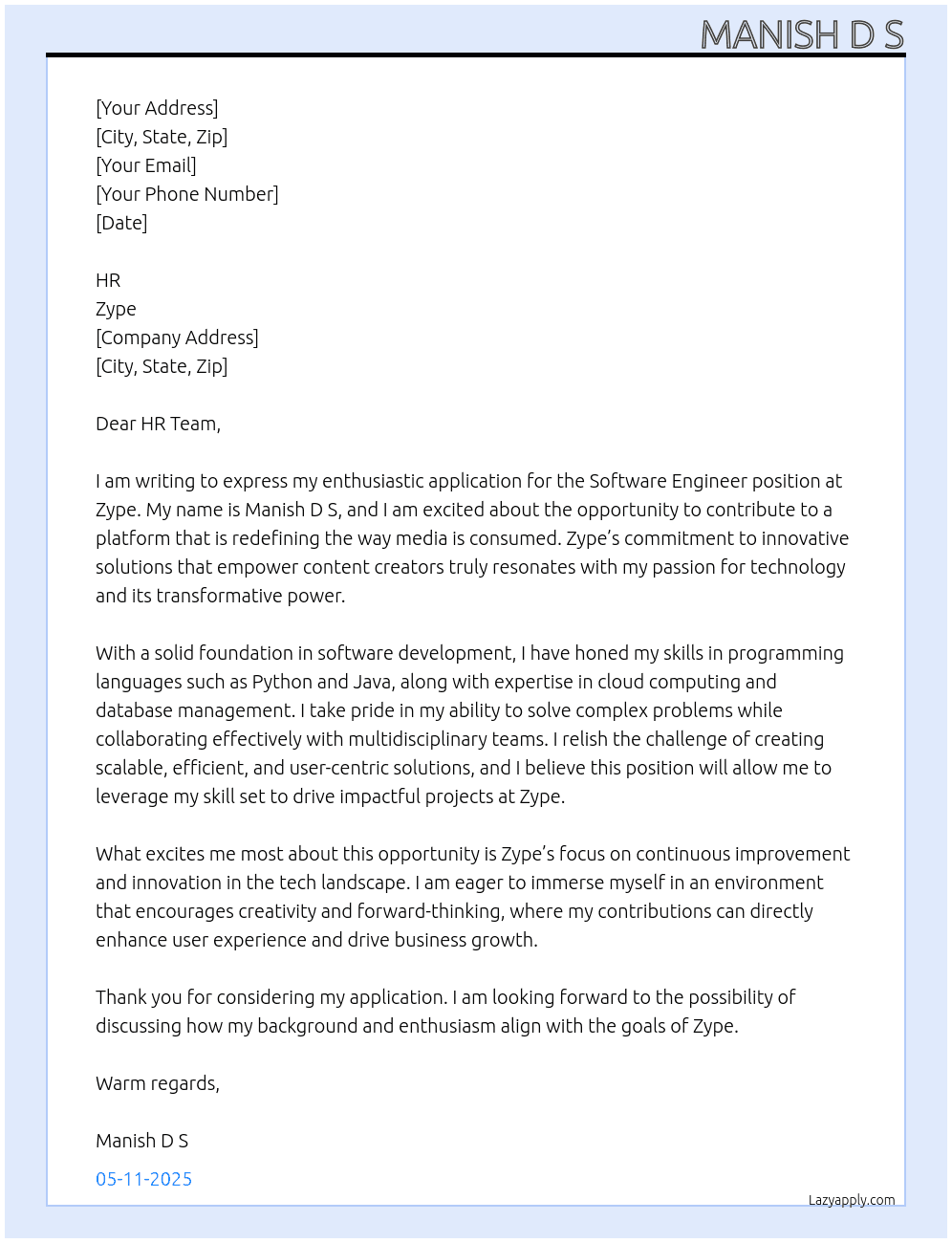 Software Engineer At Zype Cover Letter