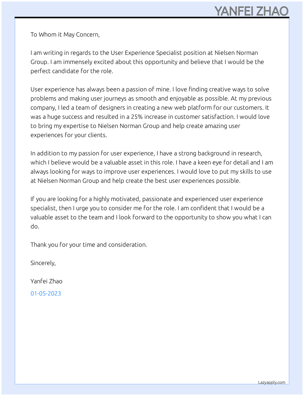 User Experience Specialist At Nielsen Norman Group Cover Letter