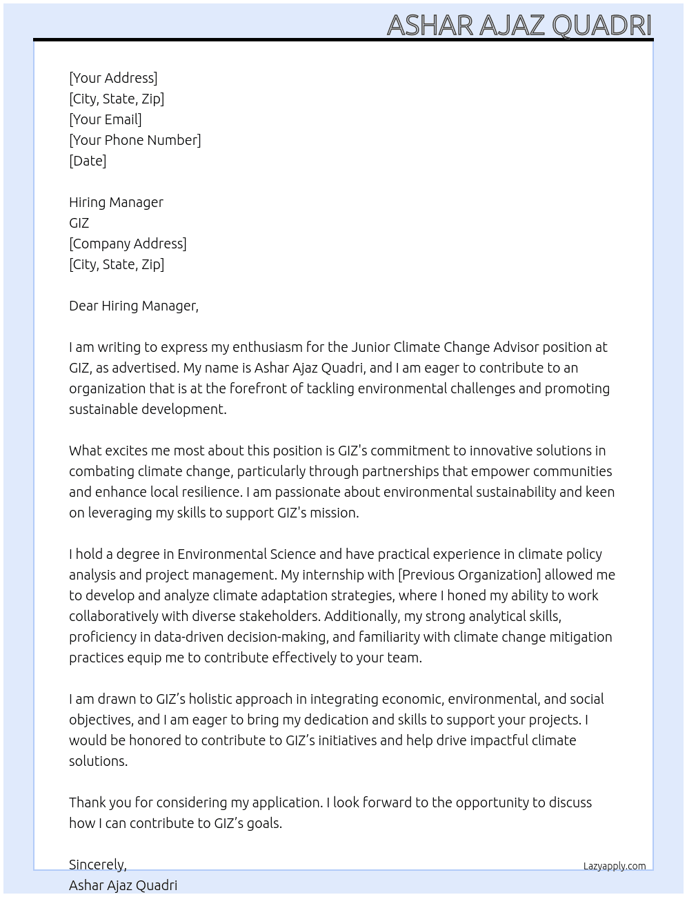 Cover letter for junior climate change advisor - LazyApply