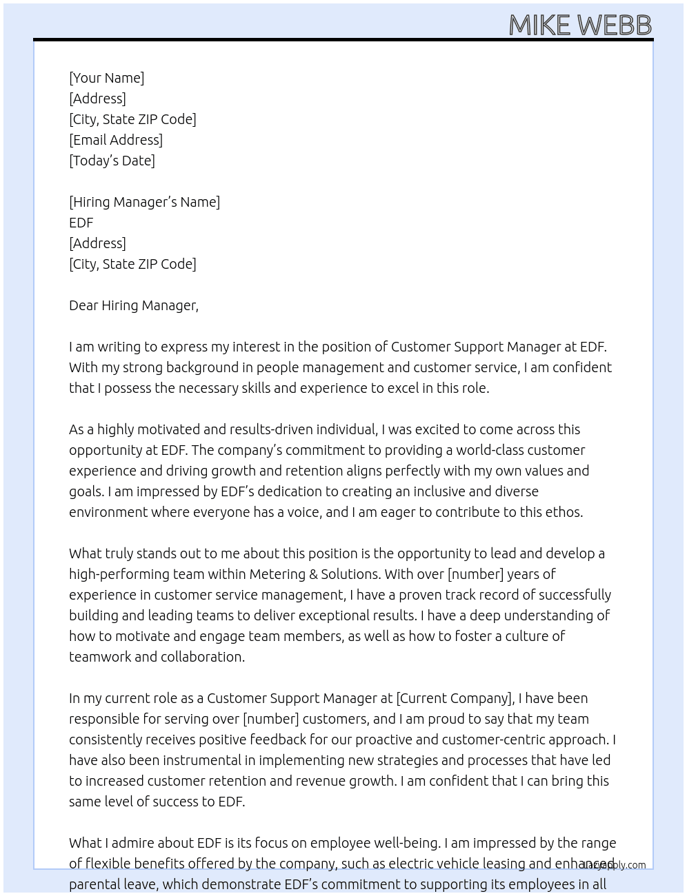Customer Support Manager At EDF Cover Letter