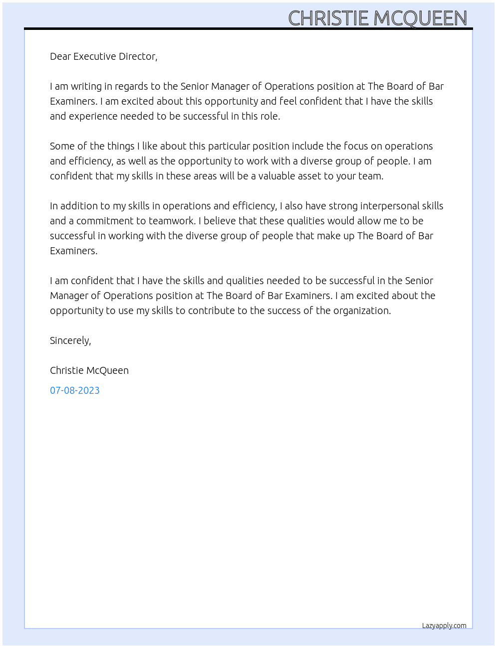 Senior Manager of Operations  At The Board of Bar Examiners Cover Letter