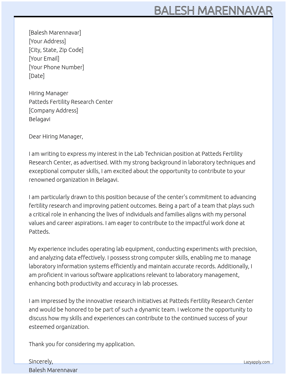 Cover letter for lab technician - LazyApply