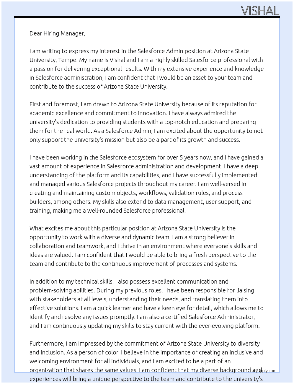Salesforce Admin At Arizona State University, Tempe Cover Letter