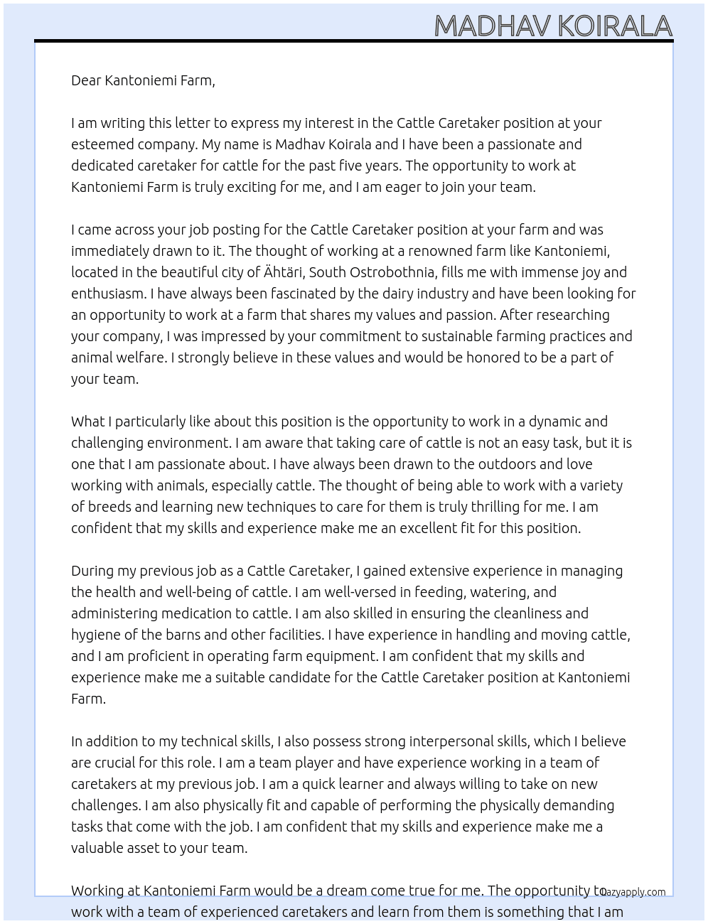 cattle care taker At Kantoniemi farm Cover Letter