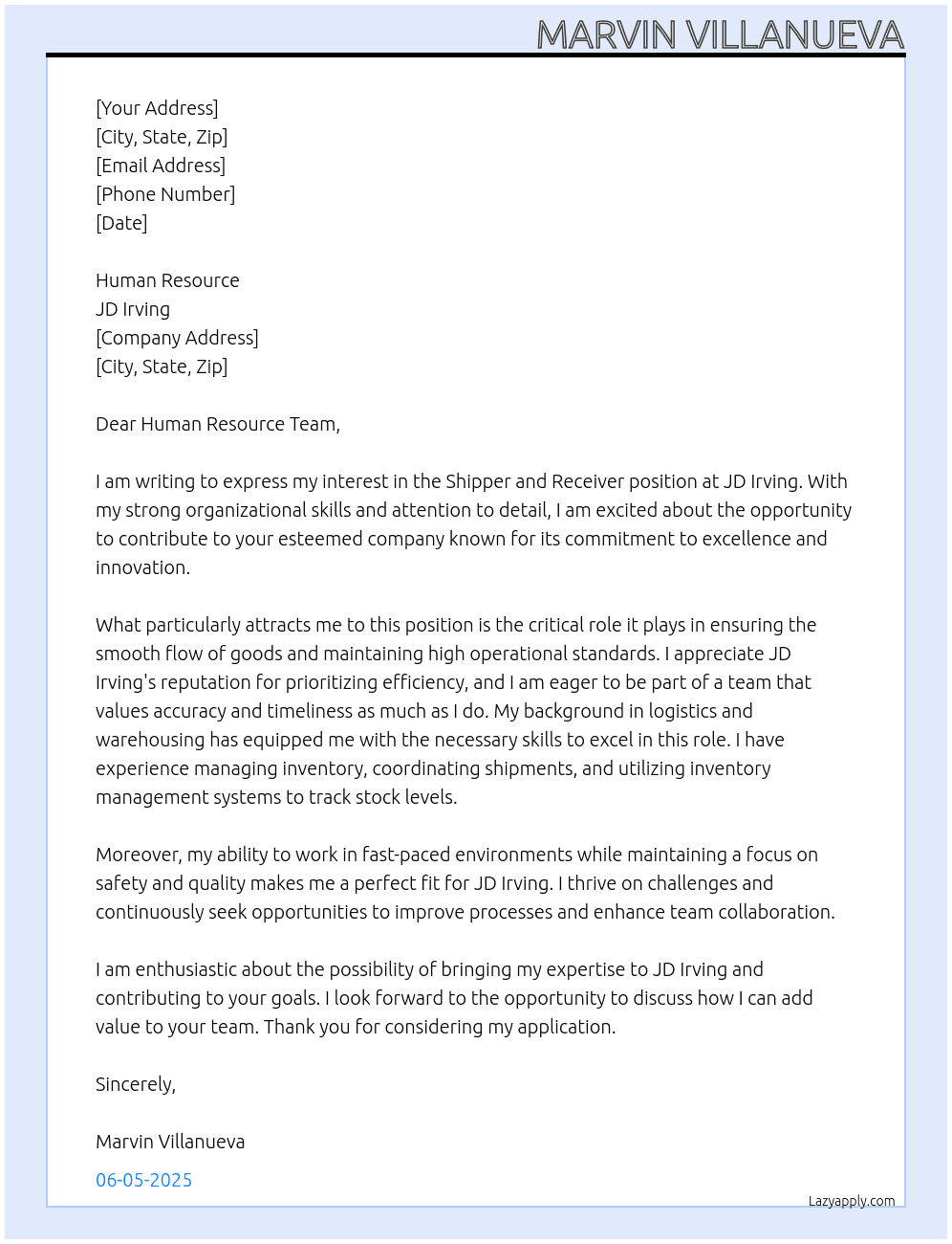 Shipper and Receiver At JD Irving Cover Letter