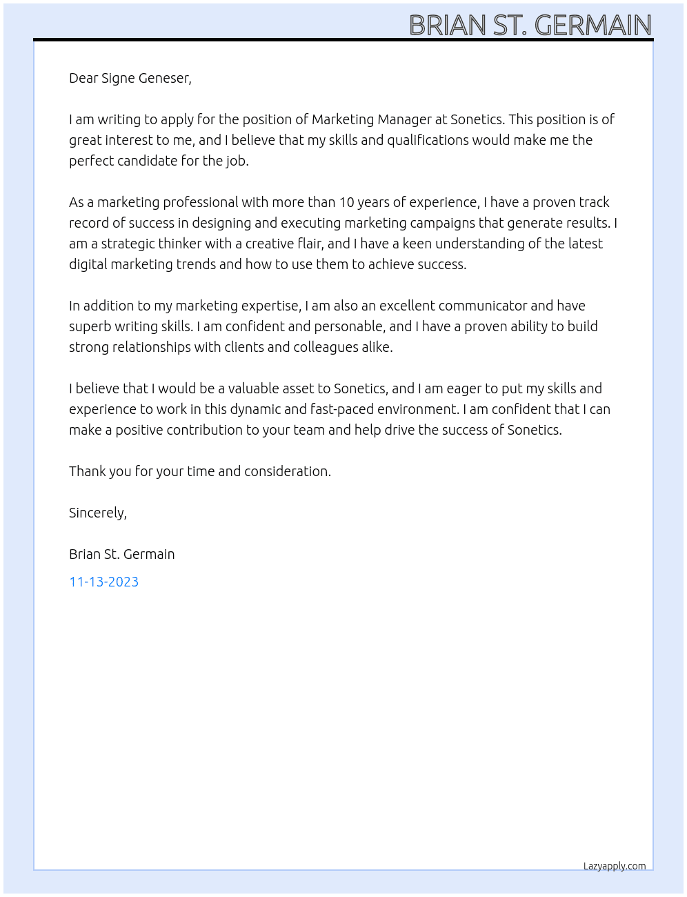 Marketing Manager At Sonetics Cover Letter