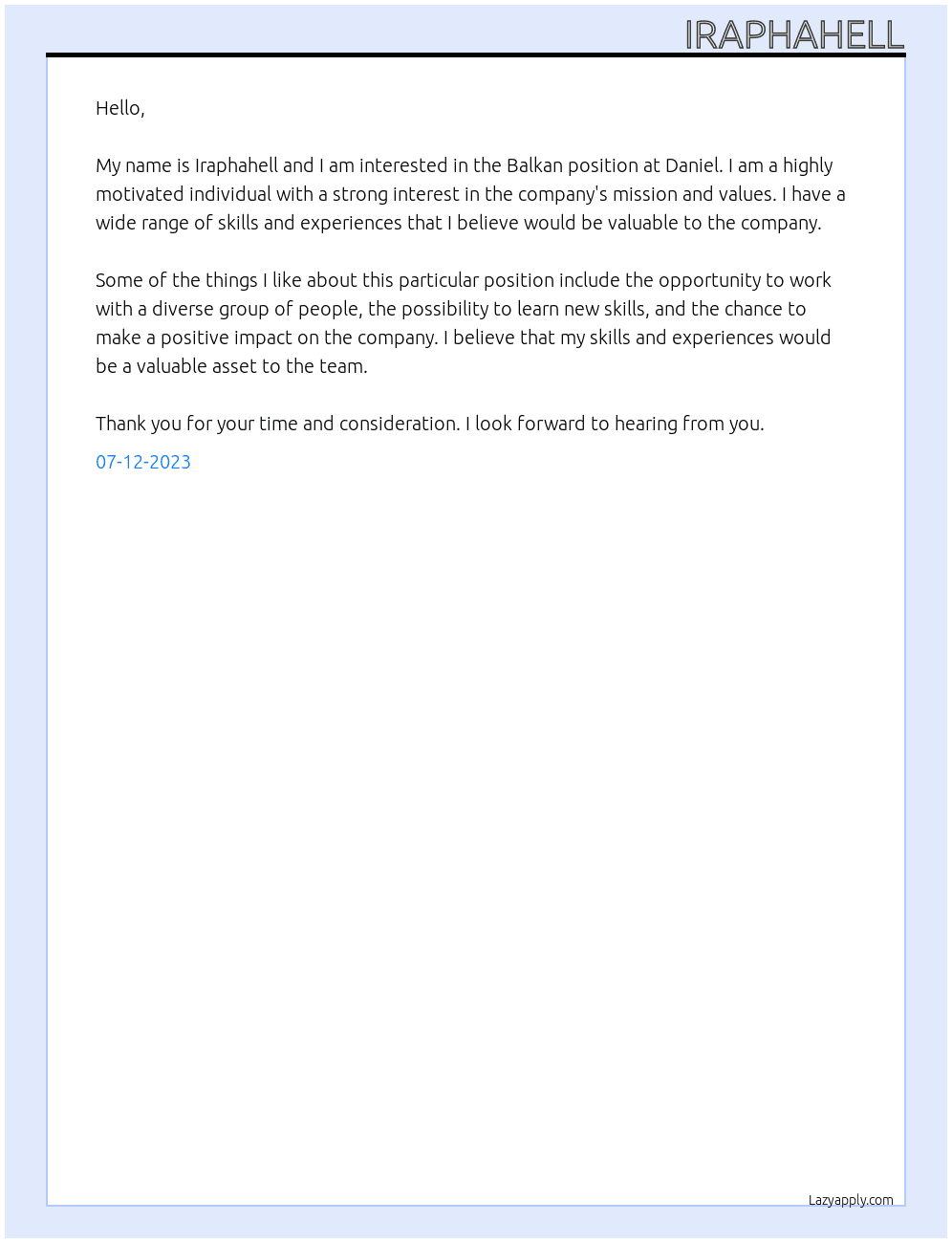 Balkan  At Daniel Cover Letter