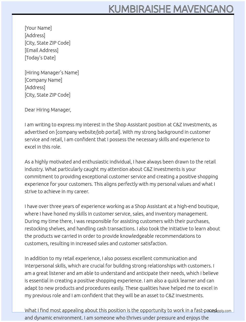 Shop assistant At C&Z Investments Cover Letter