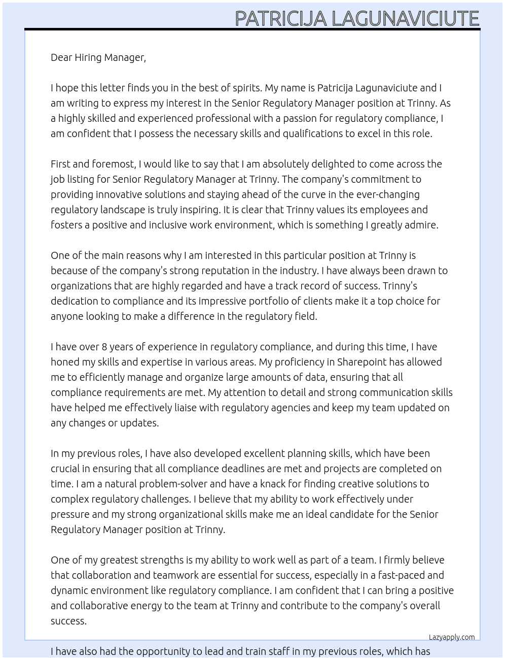 Senior Regulatory Manager At Trinny Cover Letter