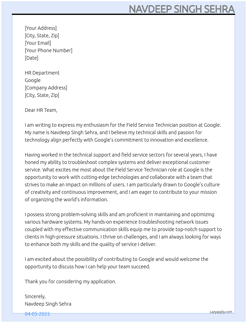 Cover letter for field service technician - LazyApply