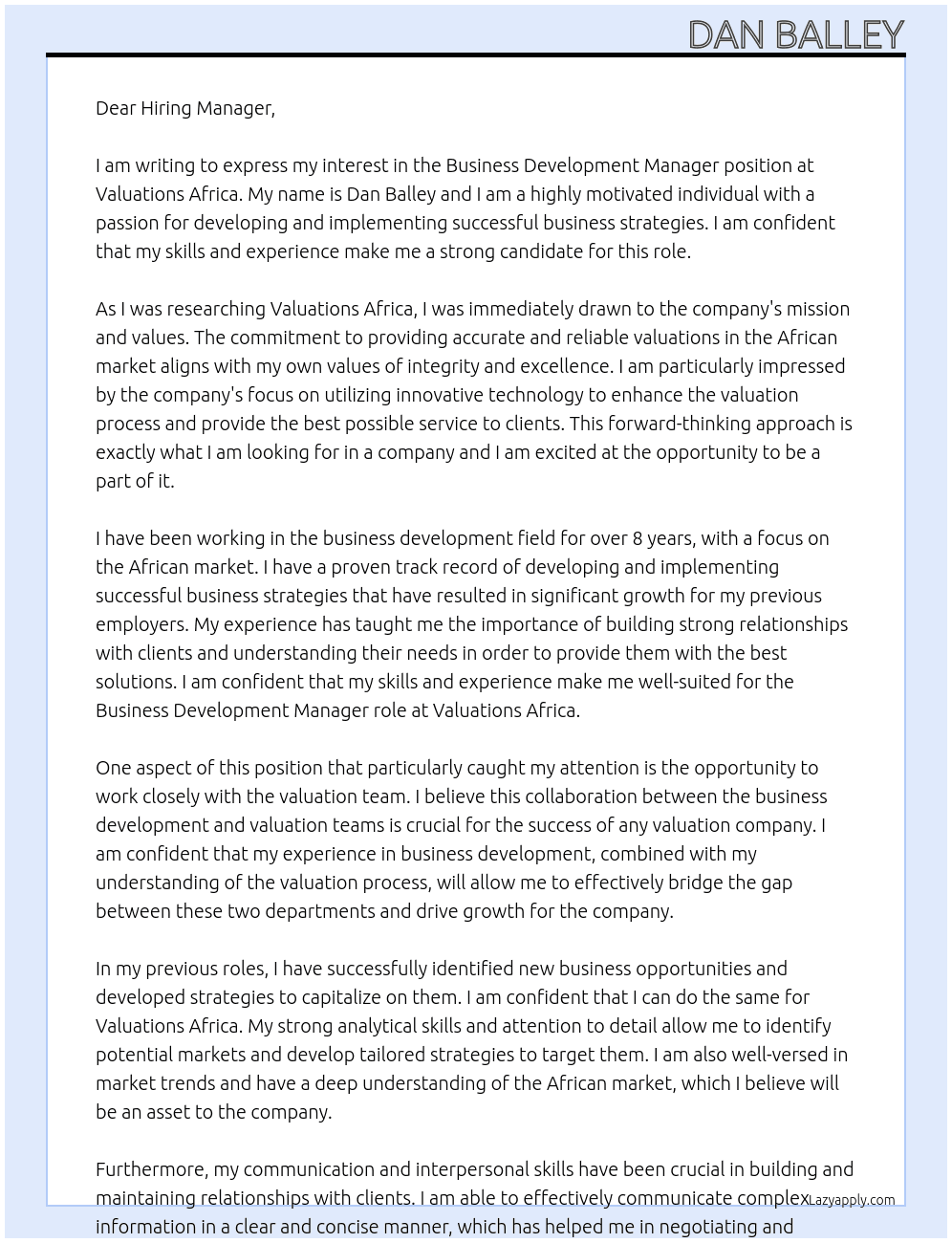 Business Development Manager At Valuatons Africa Cover Letter