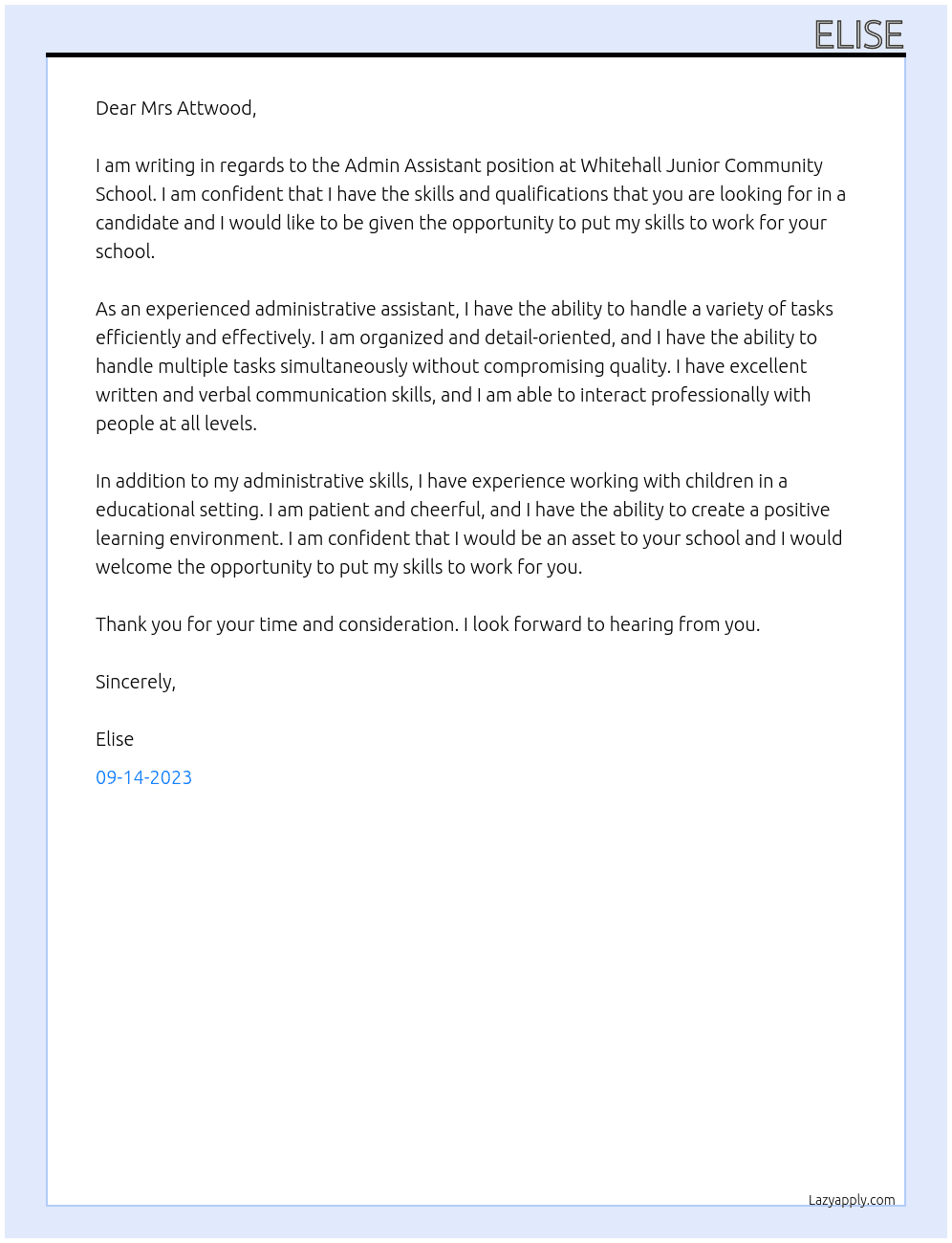 Admin Assistant At Whitehall Junior Community School Cover Letter