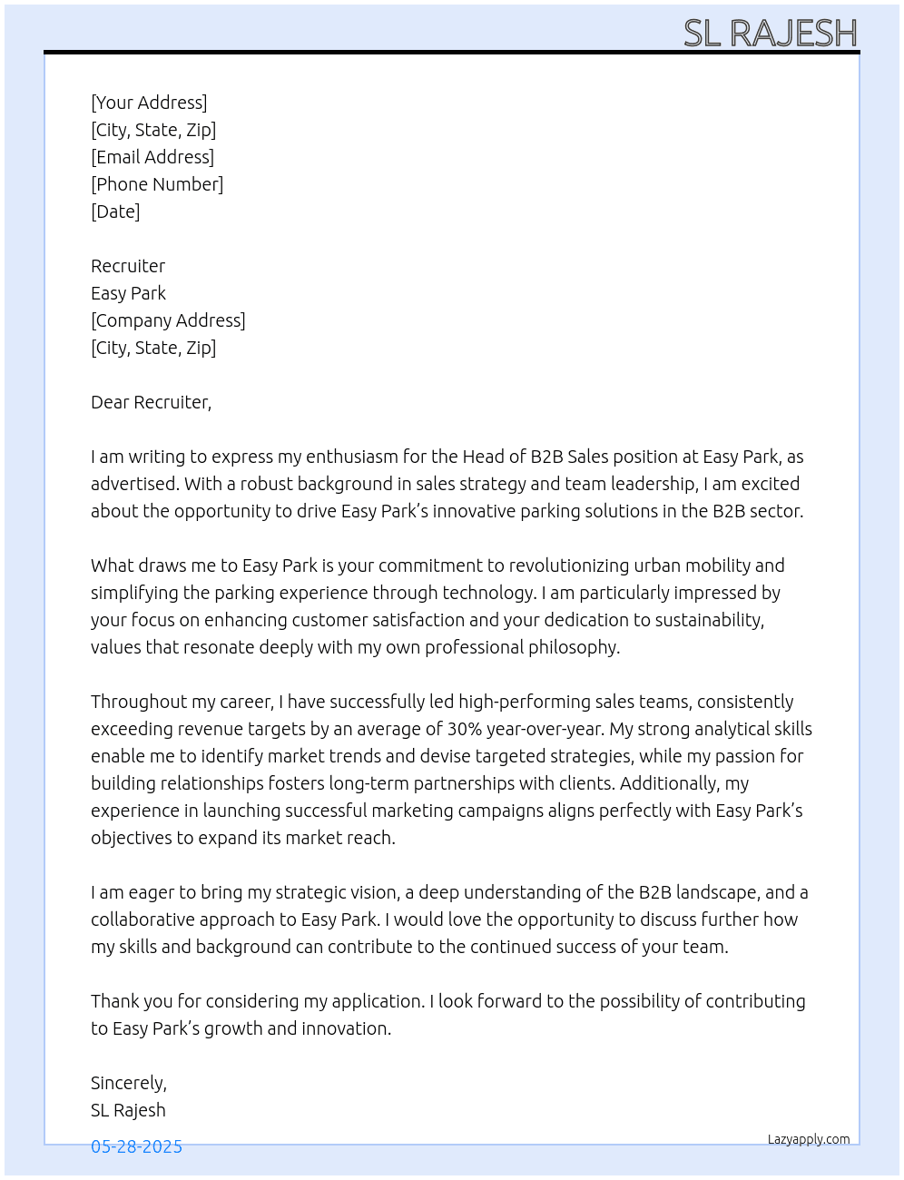 Head B2B Sales At easy Park Cover Letter