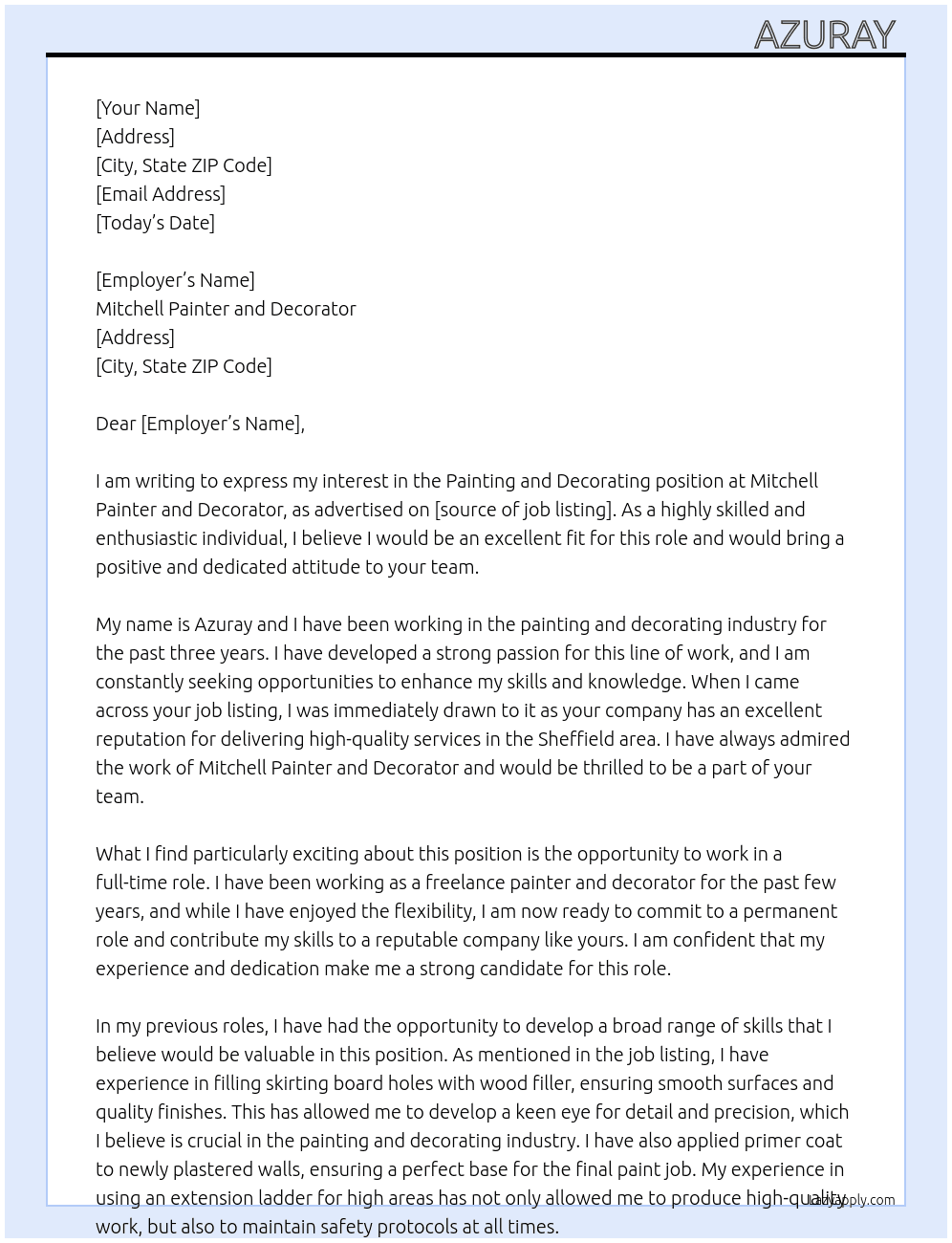 Painting and decorating  At Mitchell painter and decorator Cover Letter