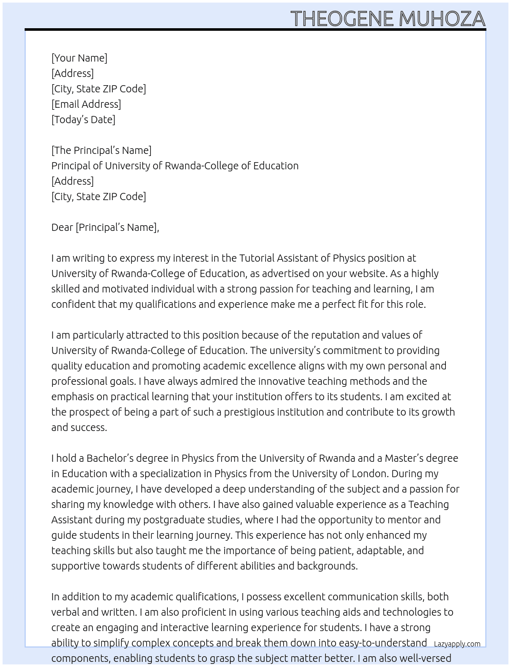 Tutorial assistant of Physics At University of Rwanda-college of Education Cover Letter