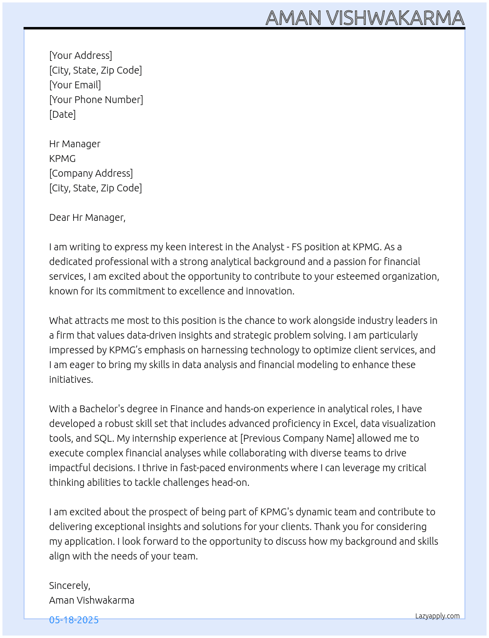 Analyst - FS At KPMG Cover Letter