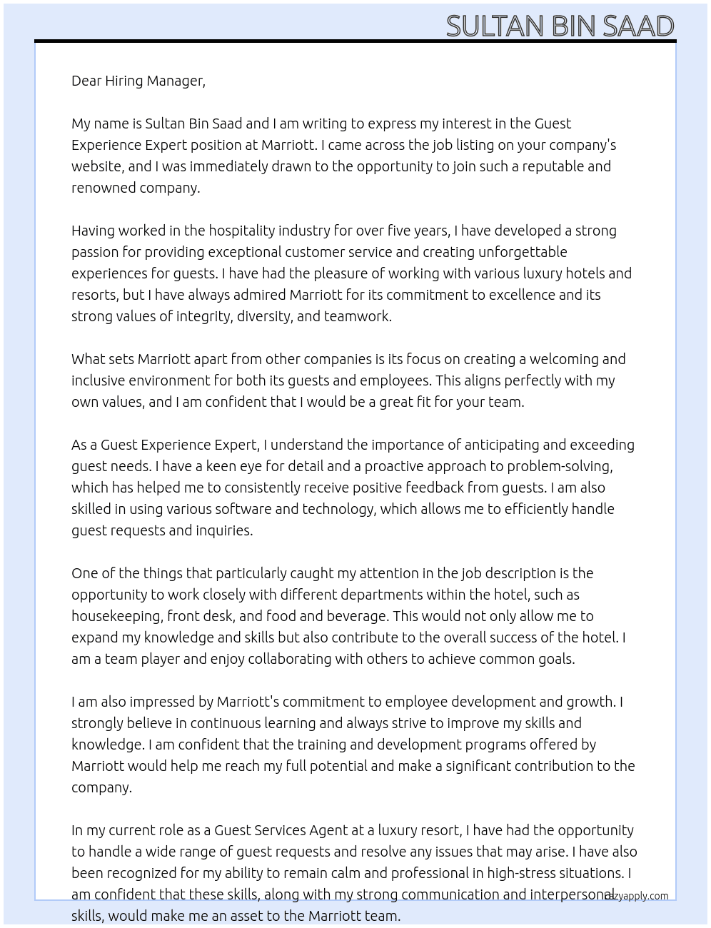 Guest Experience Expert At Marriott Cover Letter