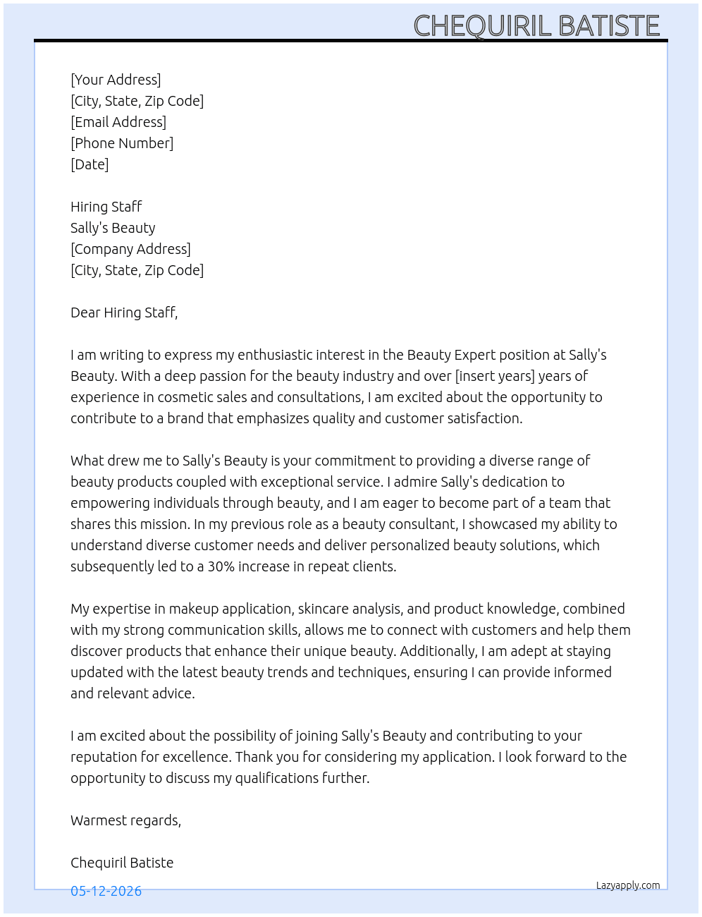 Beauty expert  At Sallys beauty  Cover Letter