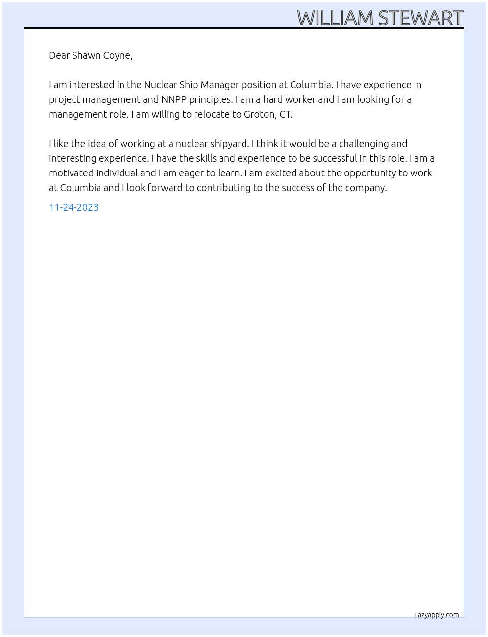 Nuclear Ship Manager - Columbia At General Dynamics Electric Boat Cover Letter