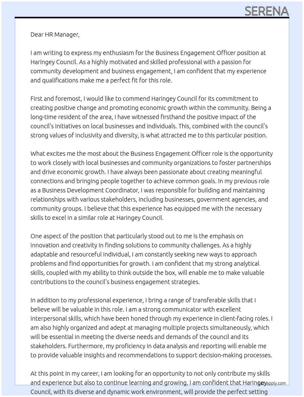 Business Engagement Officer At Haringey Council Cover Letter