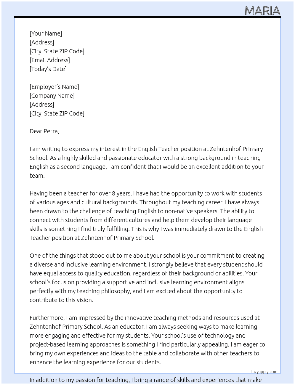 English Teacher At Zehntenhof Primary School Cover Letter