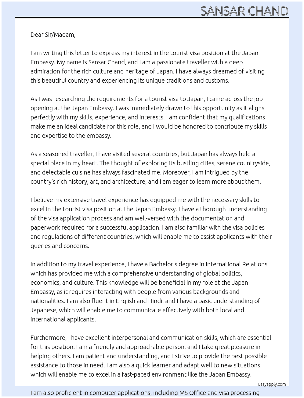 tourist visa At japan embassy Cover Letter