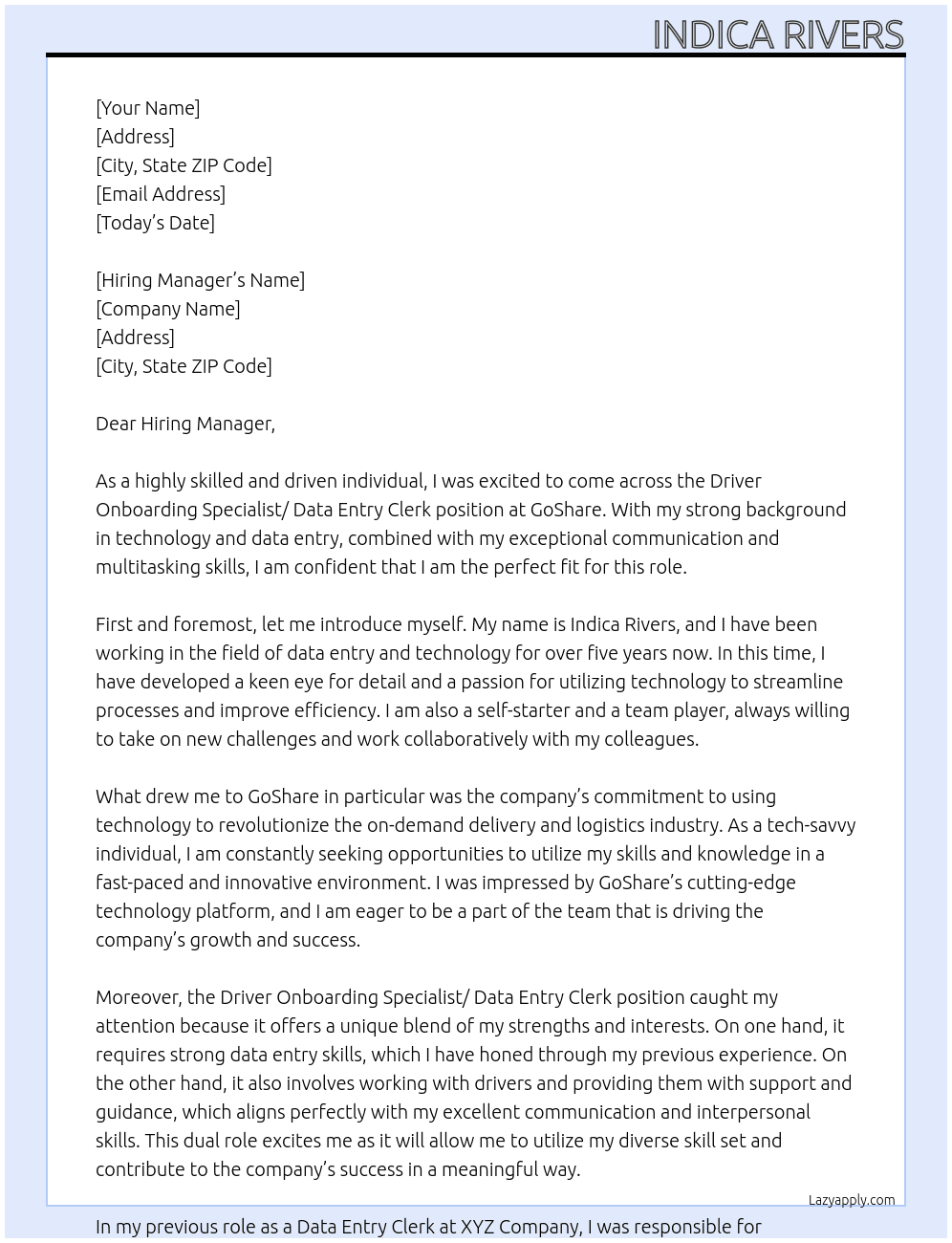 Driver Onboarding Specialist/ Data Entry Clerk At GoShare Cover Letter
