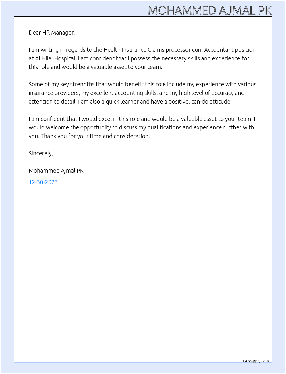 Health Insurance Claims processor cum Accountant At Al Hilal Hospital Cover Letter