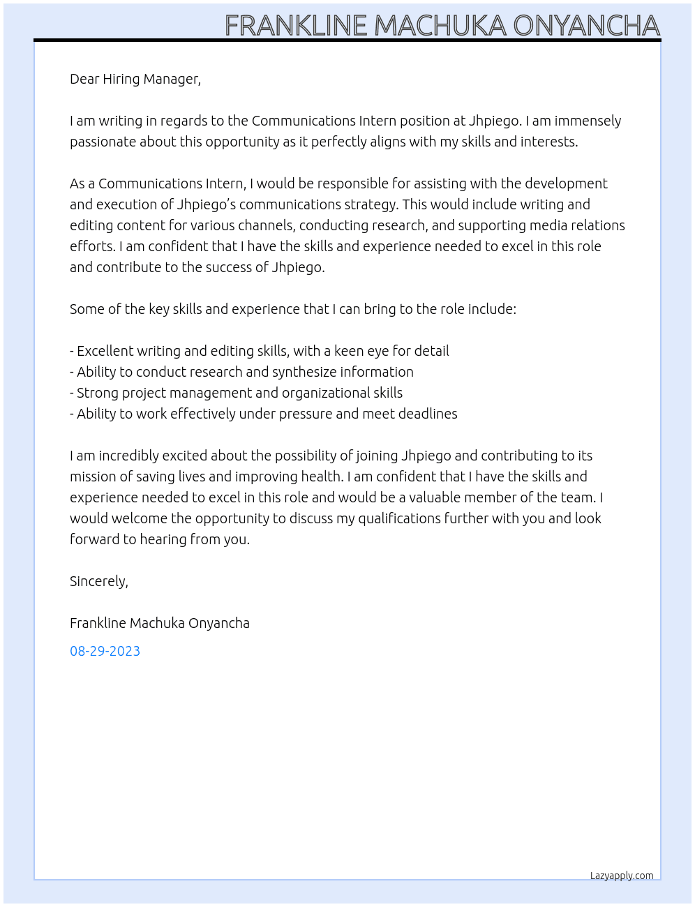 Communications Intern At Jhpiego Cover Letter