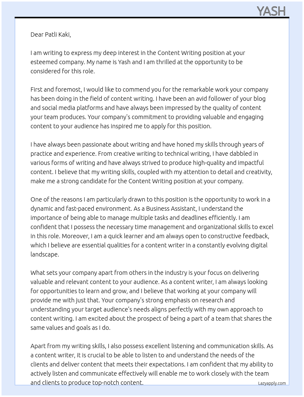 Content writing  At Patli kaki Cover Letter