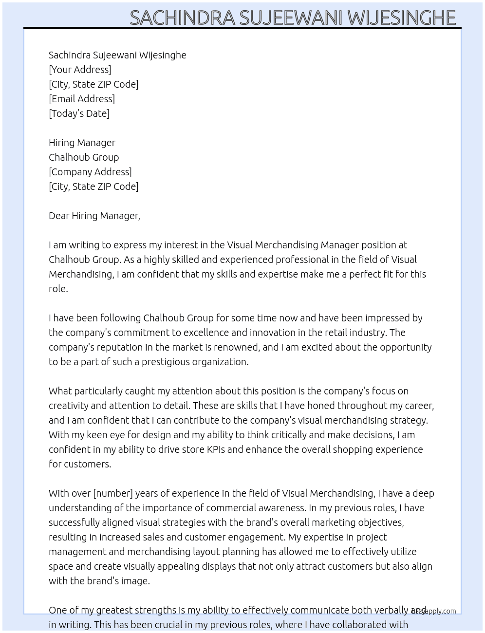 Visual Merchandising Manager At Chalhoub Group Cover Letter