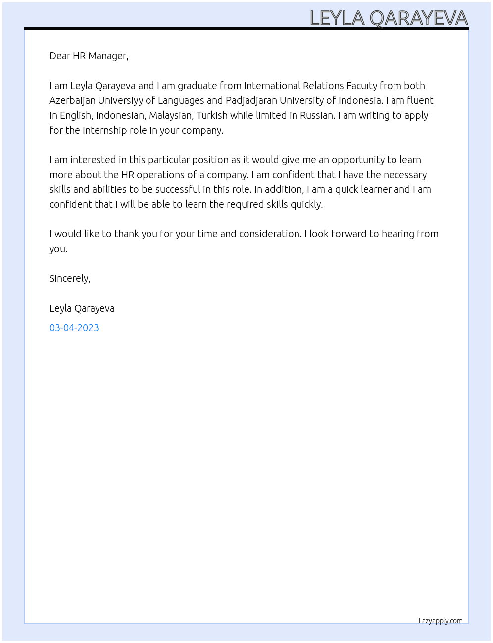 İnternship At United States Embassy in Azerbaijan Cover Letter