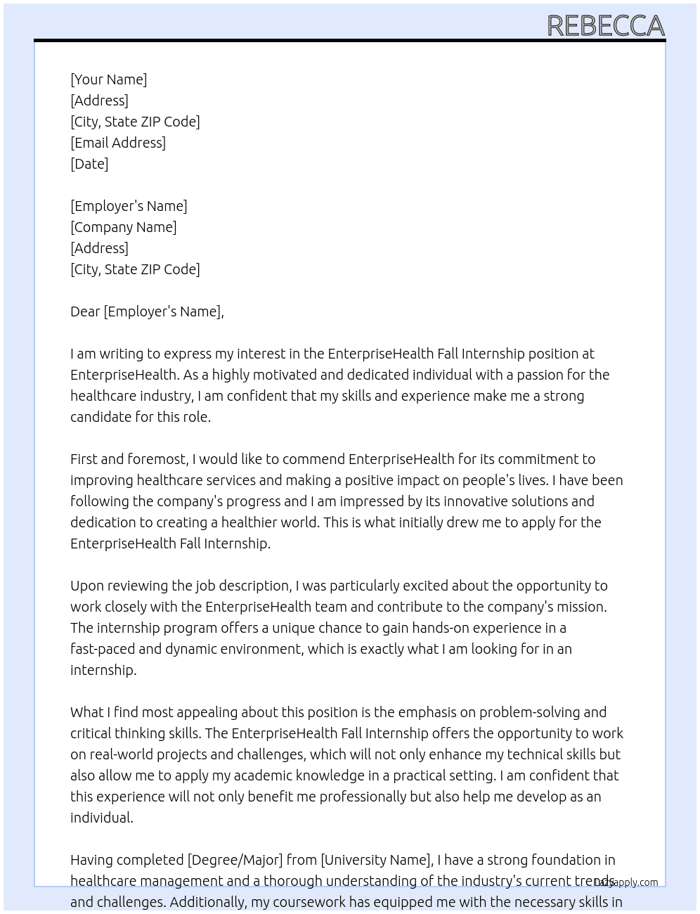 EnterpriseHealth Fall Internship At EnterpriseHealth Cover Letter