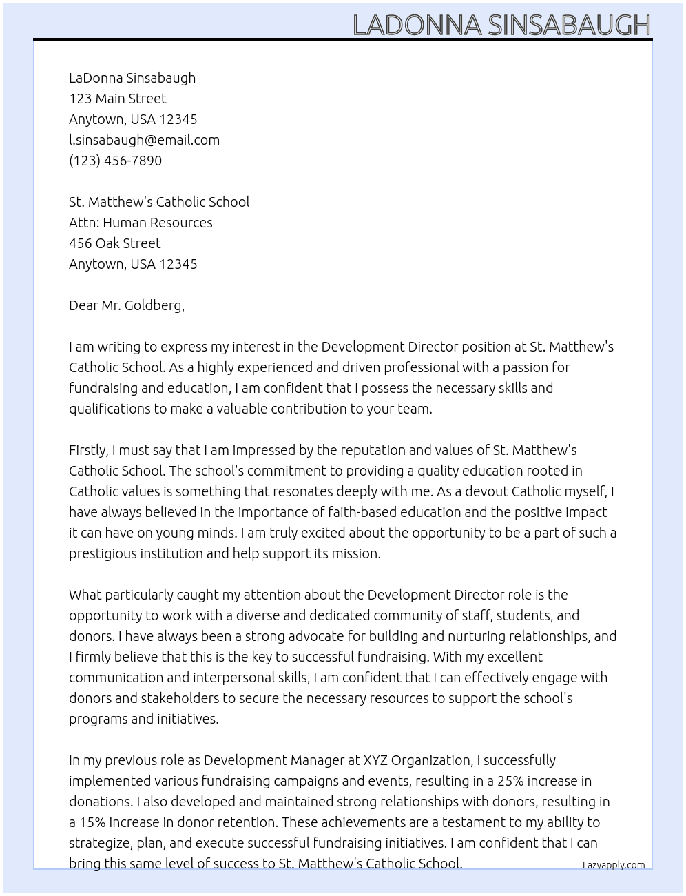 Development Director At St. Matthew's Catholic School Cover Letter