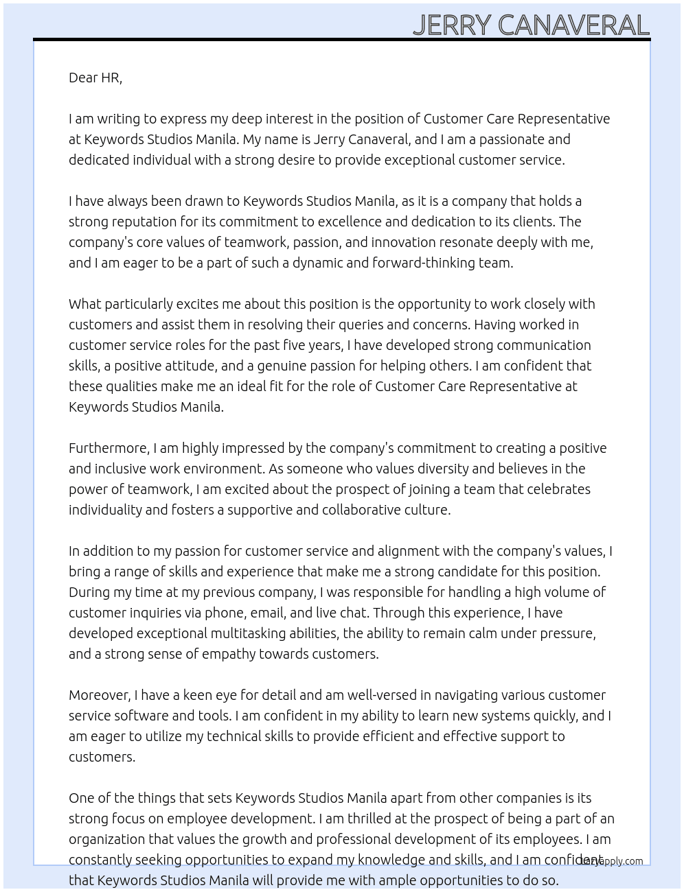 Customer Care Representative At Keywords Studios Manila Cover Letter