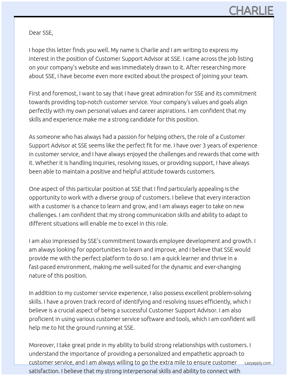 customer support advisor At SSE Cover Letter