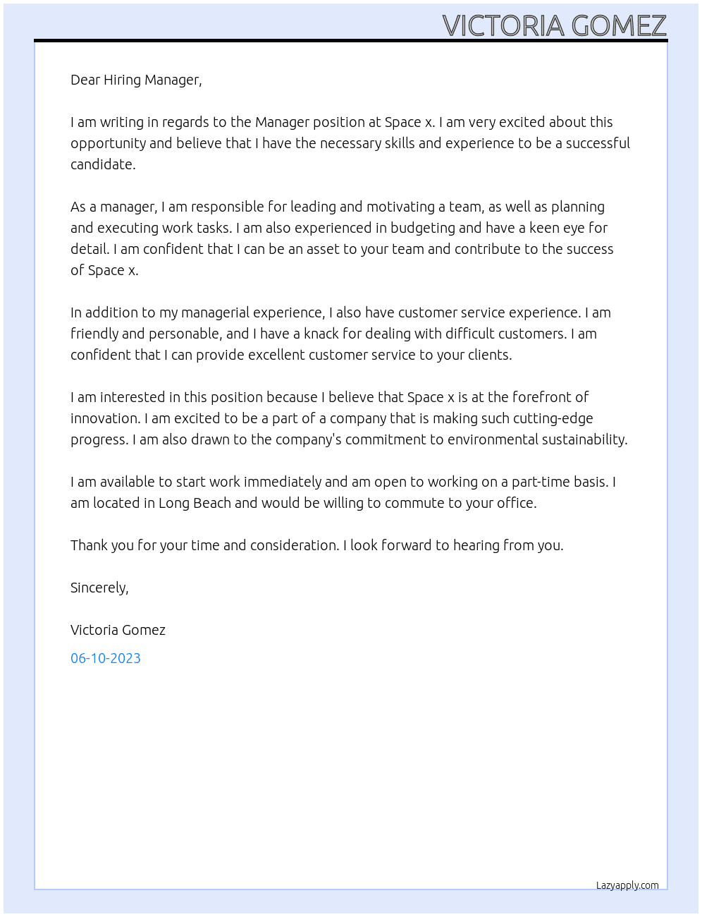 Manager  At Space x Cover Letter