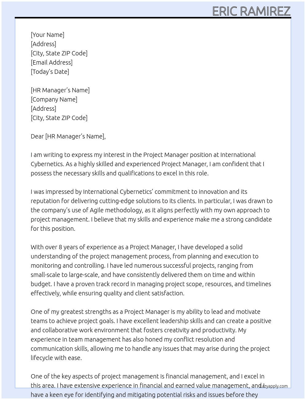 Project Manager At International Cybernetics Cover Letter