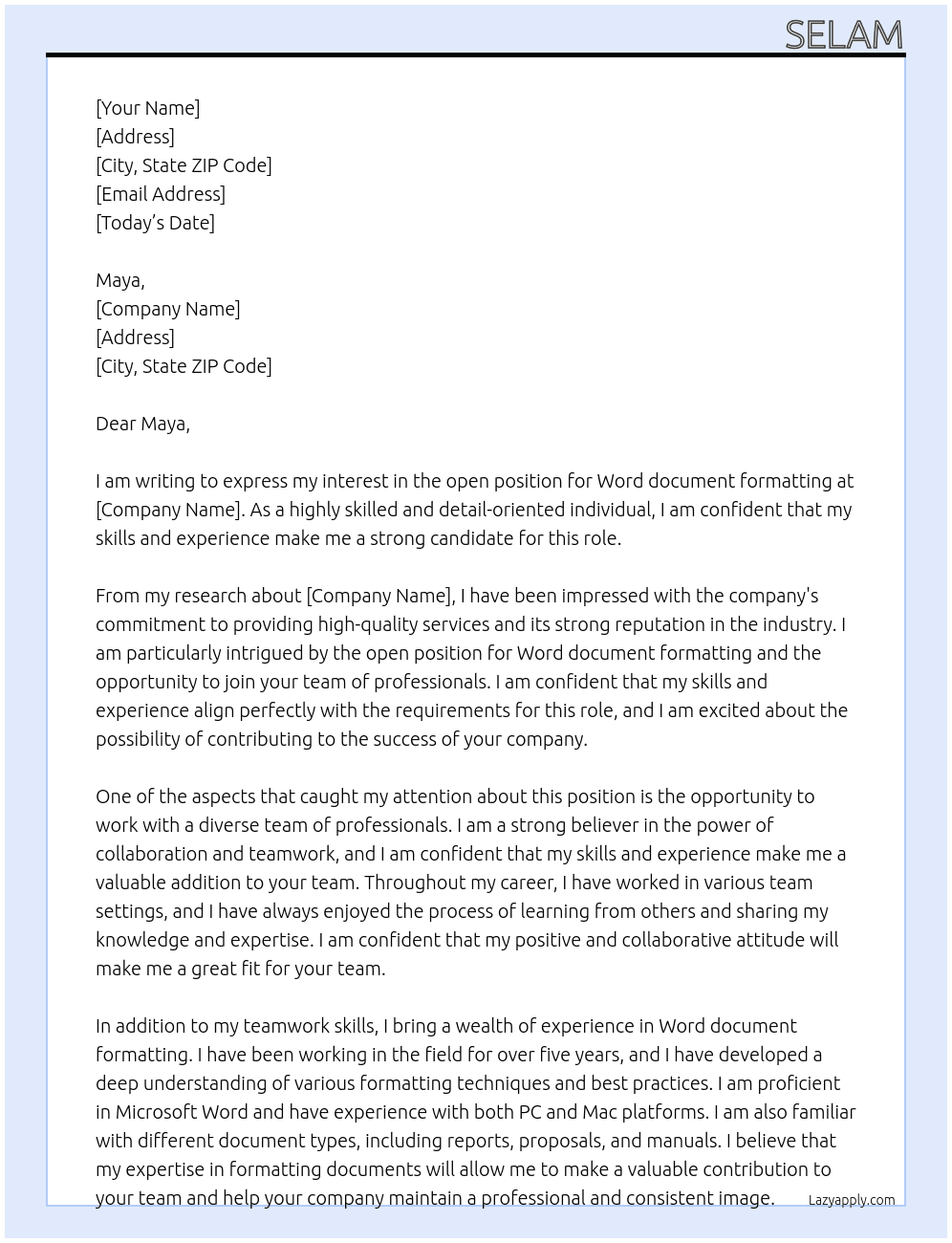 Word document formatting At Maya Cover Letter