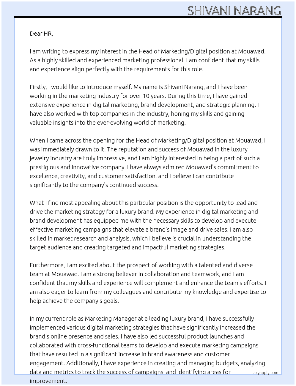 Head Of marketing / Digital  At Mouawad Cover Letter