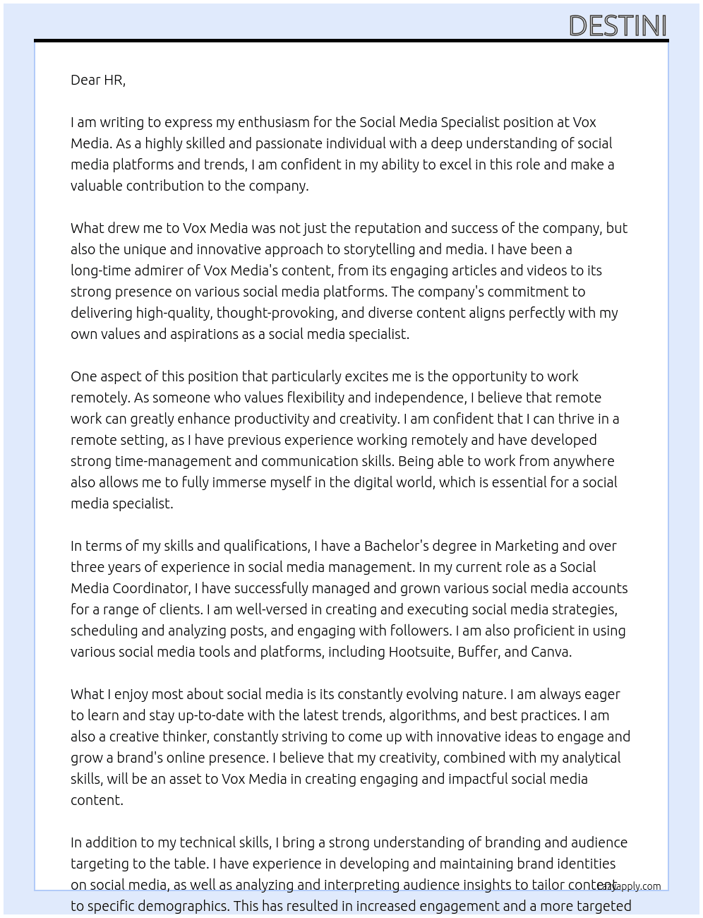 Social Media Specialist At Vox Media Cover Letter