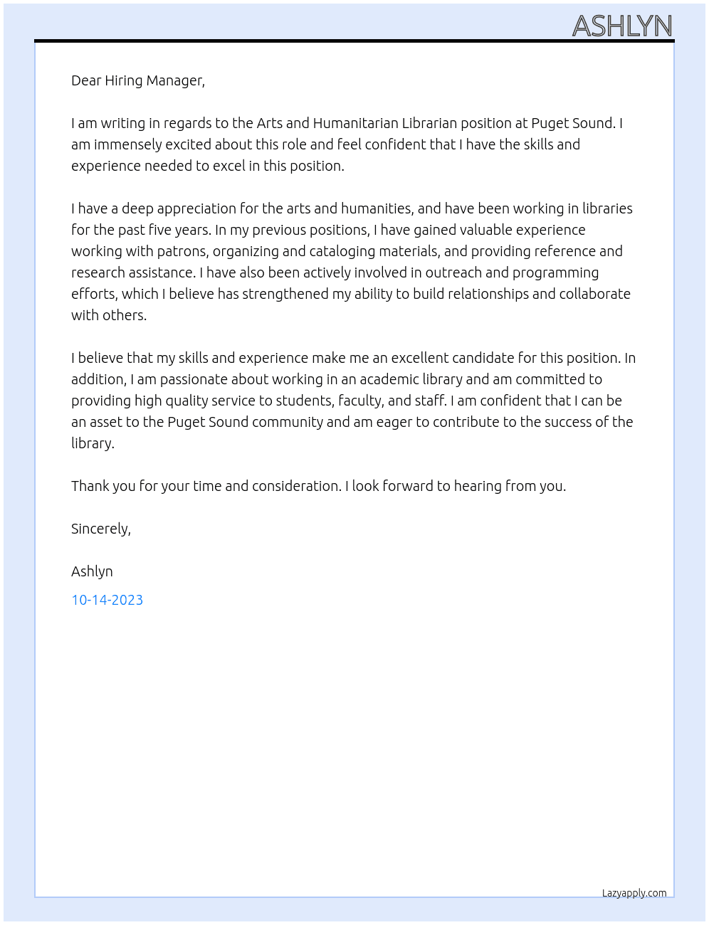 Arts and Humanitarian Librarian At Puget Sound Cover Letter