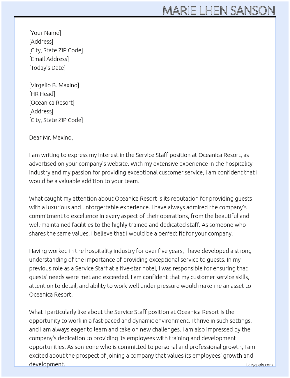 Cover letter for service staff - LazyApply