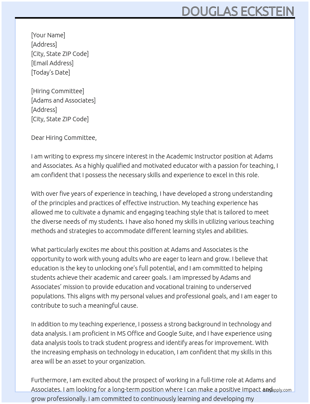 Cover letter for academic instructor - LazyApply