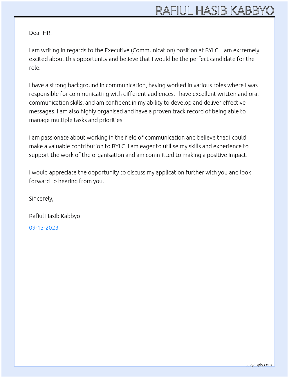 Executive(Communication) At BYLC Cover Letter