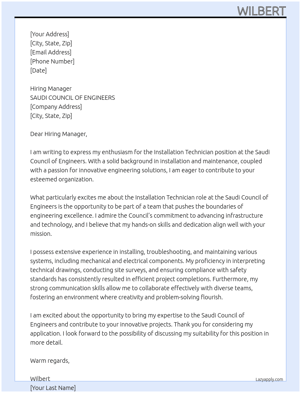 Cover letter for installation technician - LazyApply