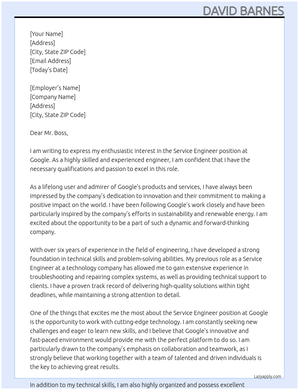 Service engineer  At Google Cover Letter